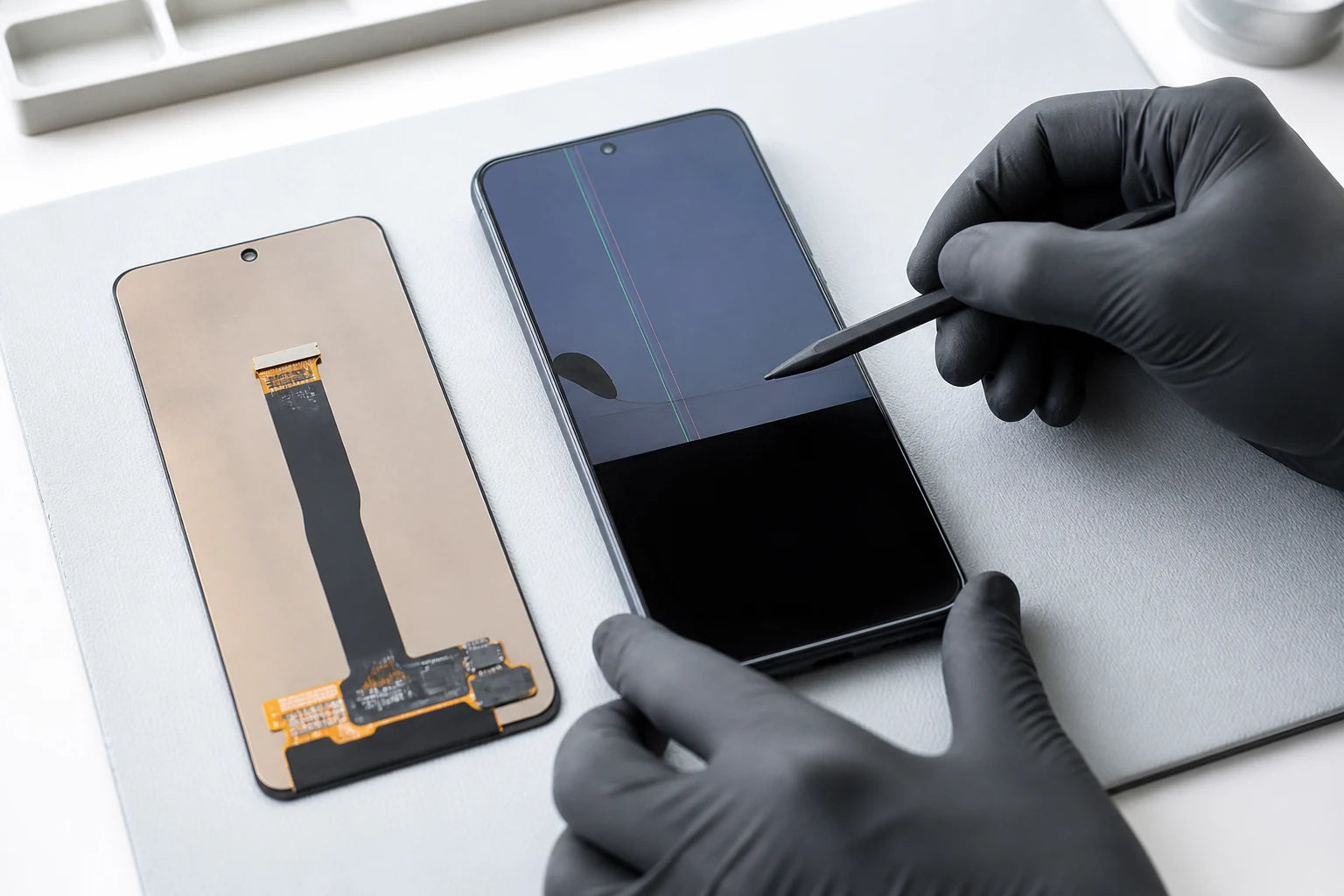 Different mobile phone display faults compared on a clean diagnostic workbench