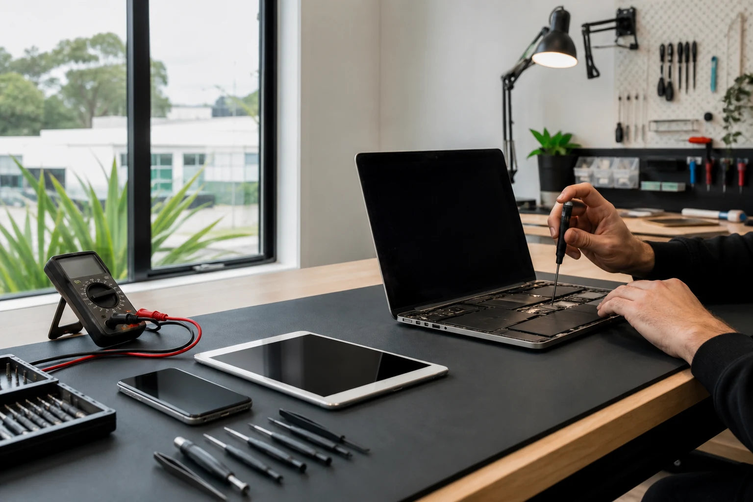Phone, tablet, laptop and desktop devices arranged for separate repair assessments on a clean workbench
