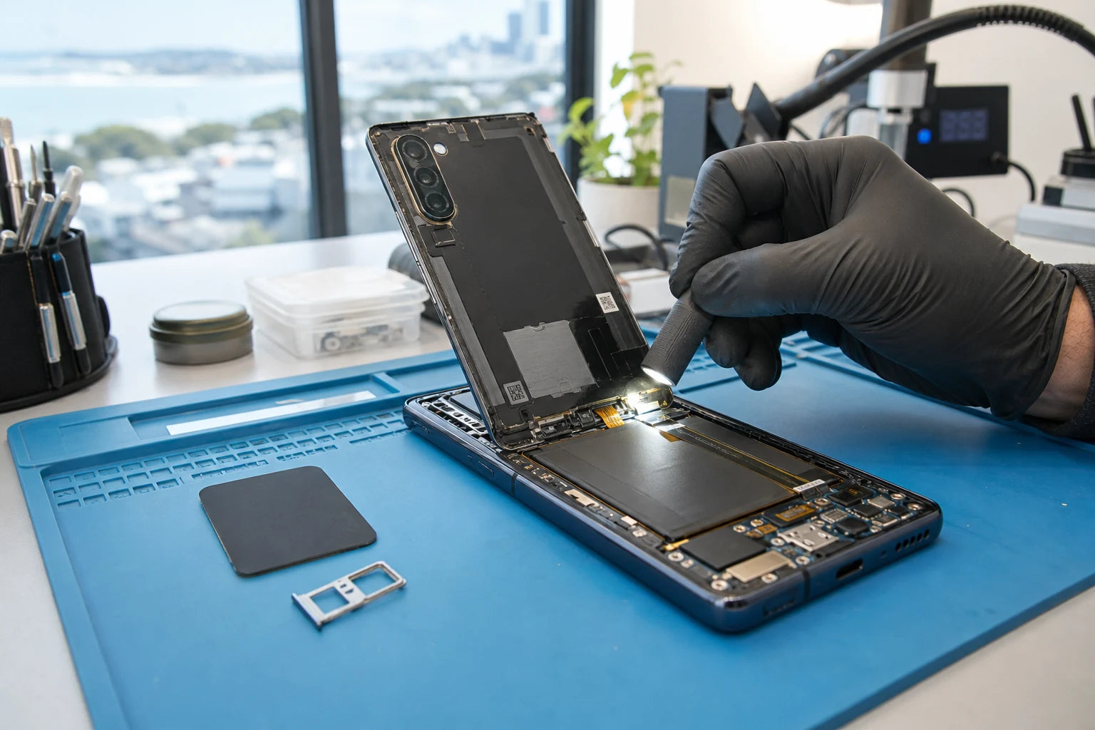 Samsung Galaxy style phone being identified by model code at a professional repair desk