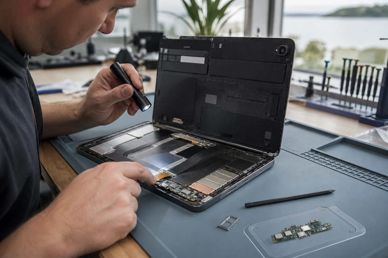 Android tablet USB-C port and display being diagnosed on a clean anti-static bench without a visible brand logo