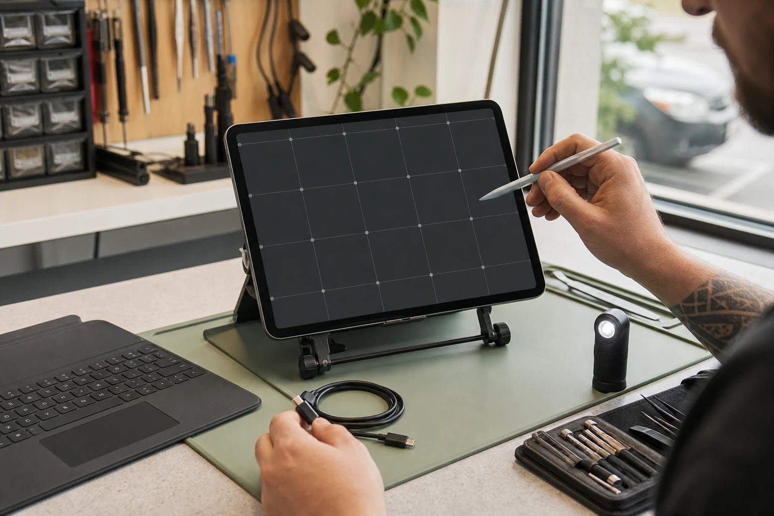 Technician assessing a generic tablet display and charging connection on an anti-static repair bench