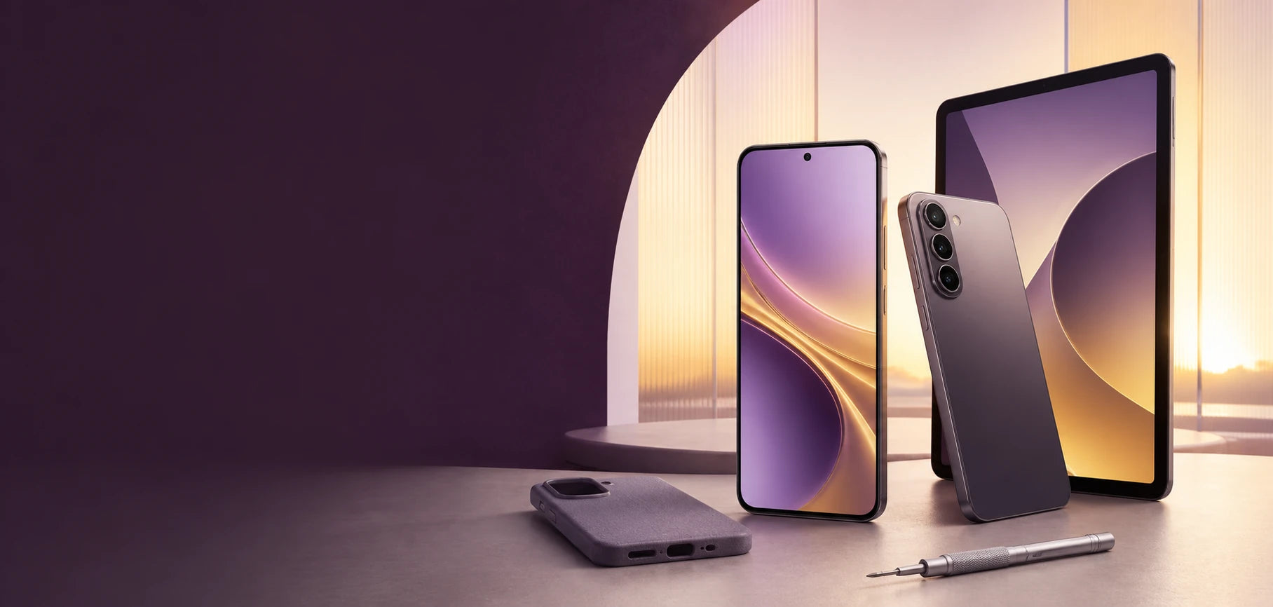 Phones, a tablet and device accessories in a purple and gold studio